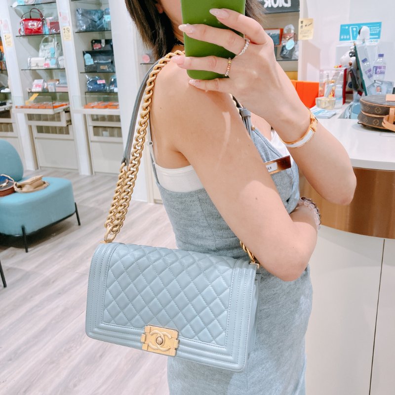 TK2065 香奈兒 灰色 小羊皮 Chanel Boy 25cm Medium Lambskin Grey X GHW-1