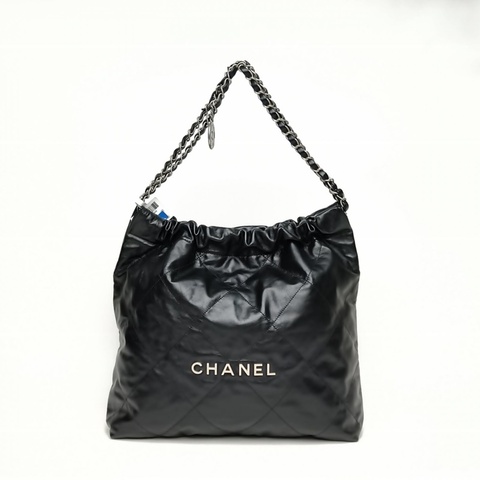 CHANEL 22BagTote托特包中號黑色牛皮晶片銀扣肩背包