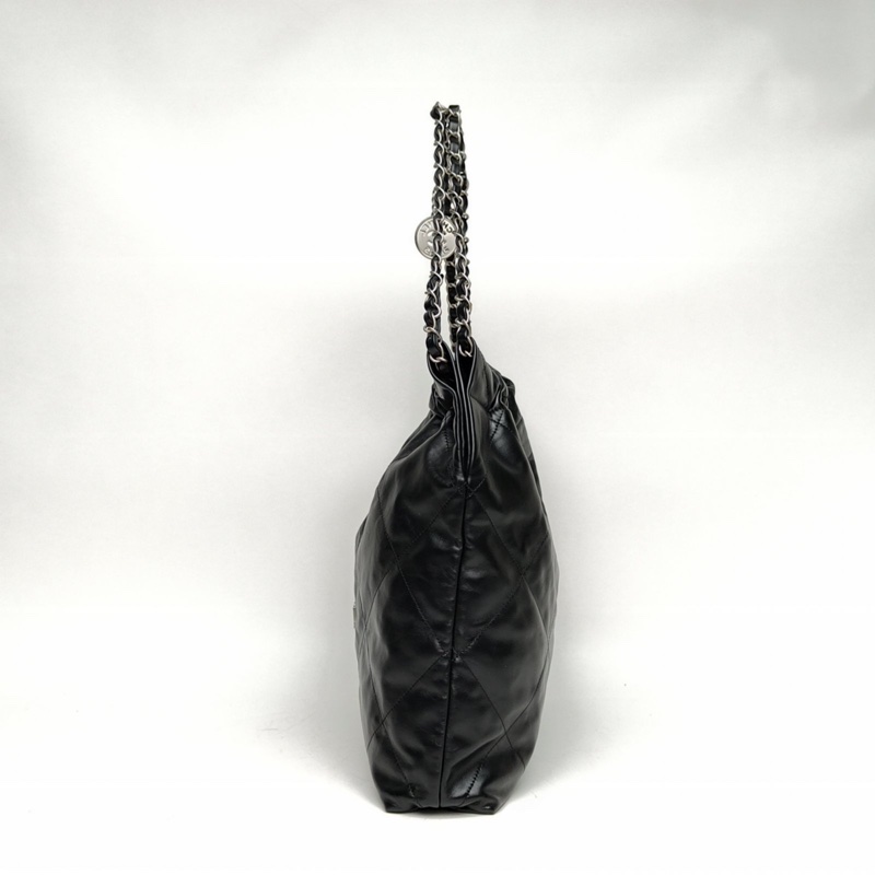 CHANEL 22BagTote托特包中號黑色牛皮晶片銀扣肩背包-1