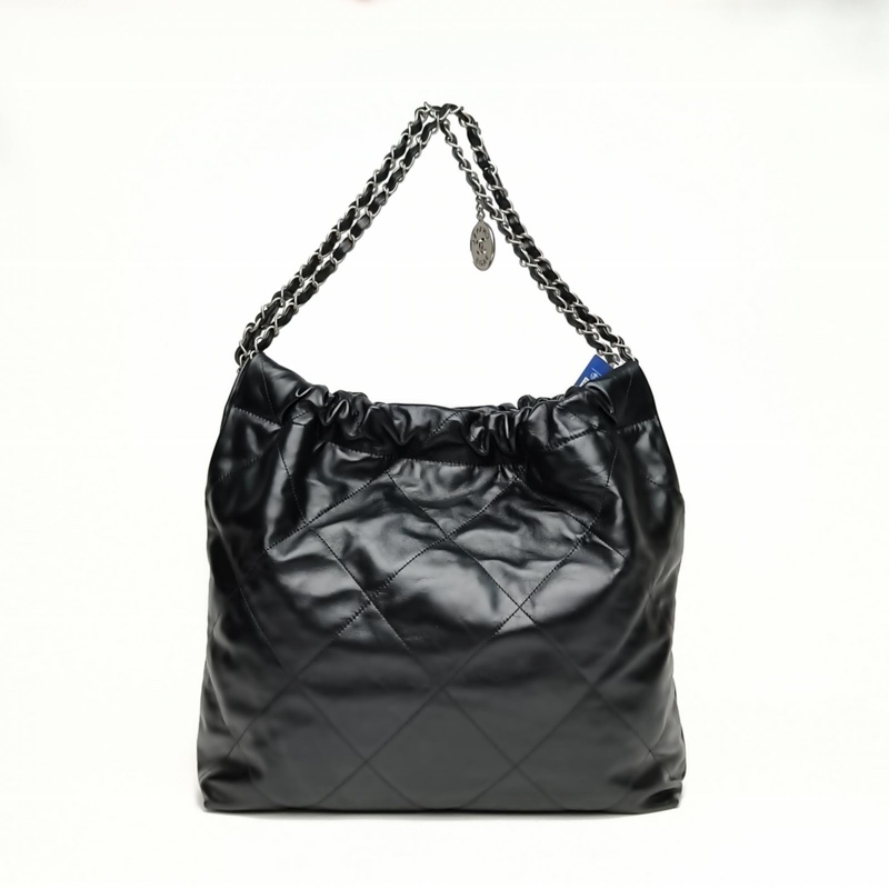 CHANEL 22BagTote托特包中號黑色牛皮晶片銀扣肩背包-2