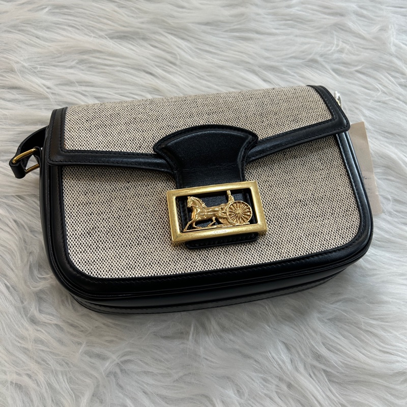 Celine 黑色拼編織 馬車金扣 斜跨包 附原防塵袋-0