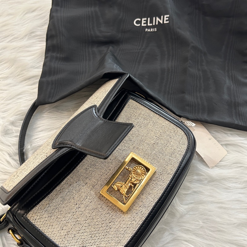 Celine 黑色拼編織 馬車金扣 斜跨包 附原防塵袋-6