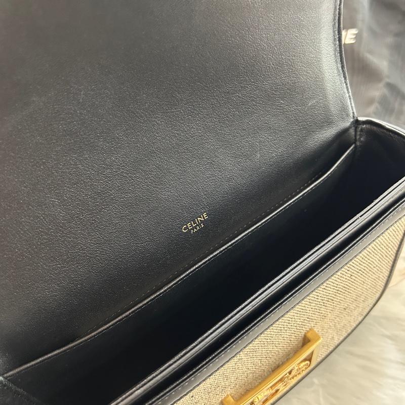 Celine 黑色拼編織 馬車金扣 斜跨包 附原防塵袋-7