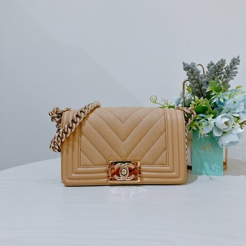 TK2069	香奈兒 牛皮 Chanel Boy Small 20cm Chevron Caviar Beige X GHW
