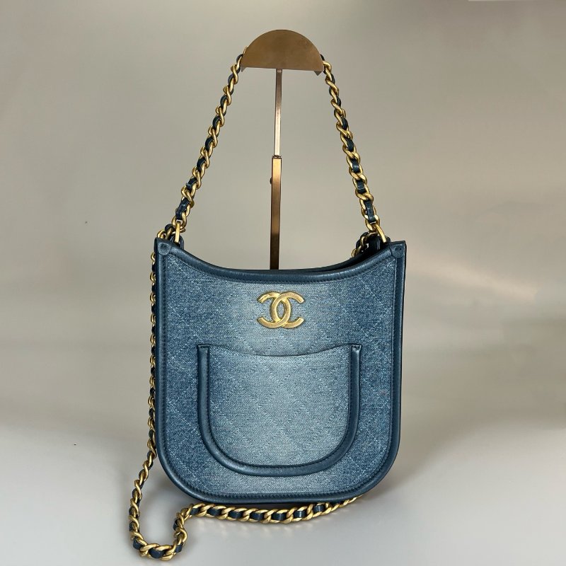 CHANEL 金釦菱格紋HOBO腋下包 藍牛仔 AS4532晶片款-0