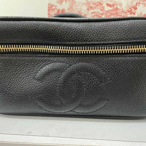 正品Chanel 荔枝皮 vintage 黑金 化妝包 手提包 斜背包
