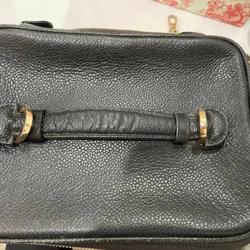 正品Chanel 荔枝皮 vintage 黑金 化妝包 手提包 斜背包-1