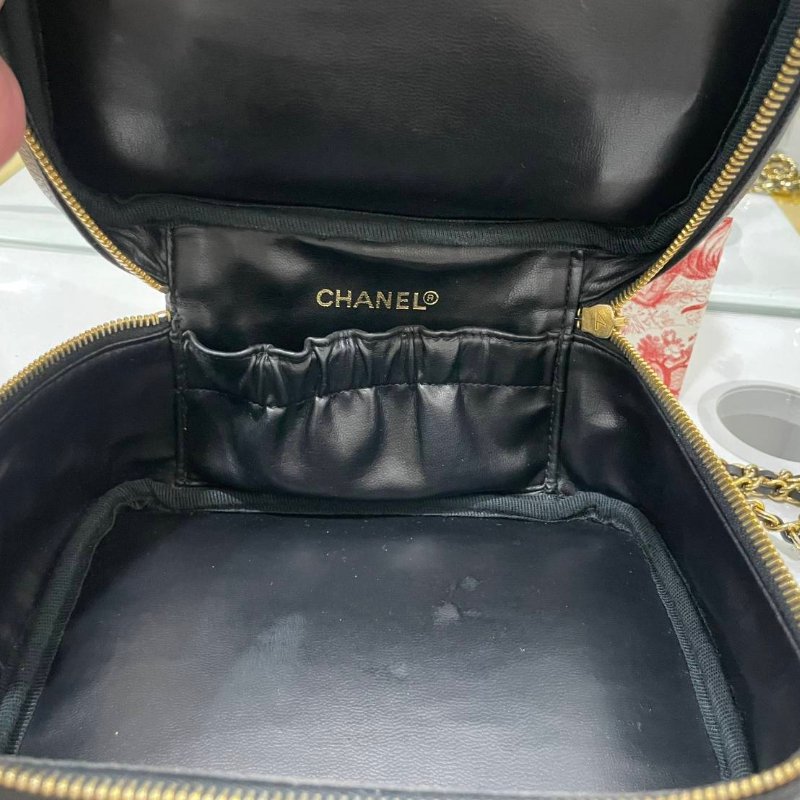 正品Chanel 荔枝皮 vintage 黑金 化妝包 手提包 斜背包-3