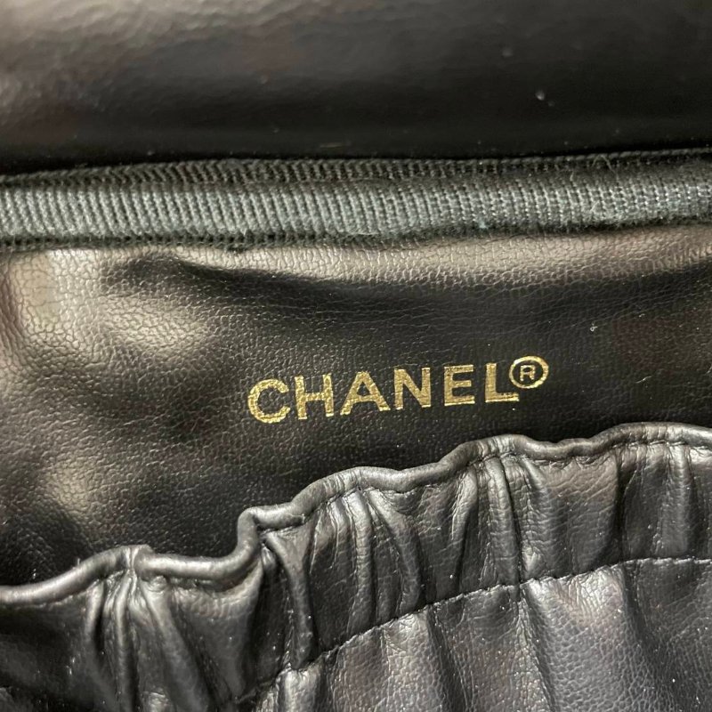 正品Chanel 荔枝皮 vintage 黑金 化妝包 手提包 斜背包-4