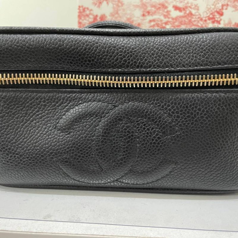 正品Chanel 荔枝皮 vintage 黑金 化妝包 手提包 斜背包-5