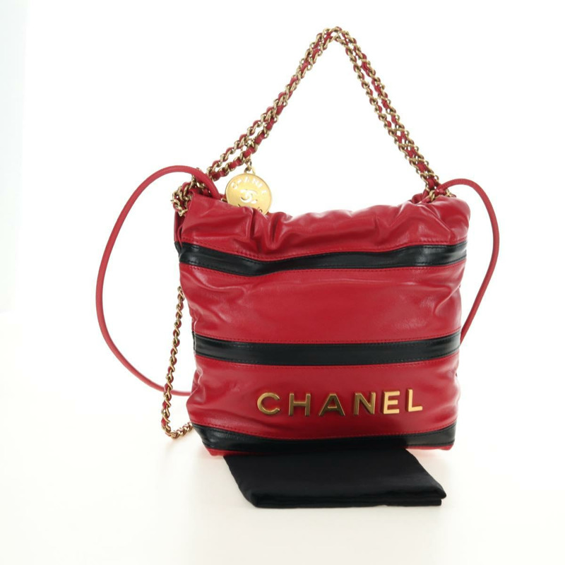 【日本直送】香奈兒 (CHANEL) 鏈條 Chanel 22 迷你包 羊皮 兩用 紅色 金色 CC 標誌 正品 181415SM-11