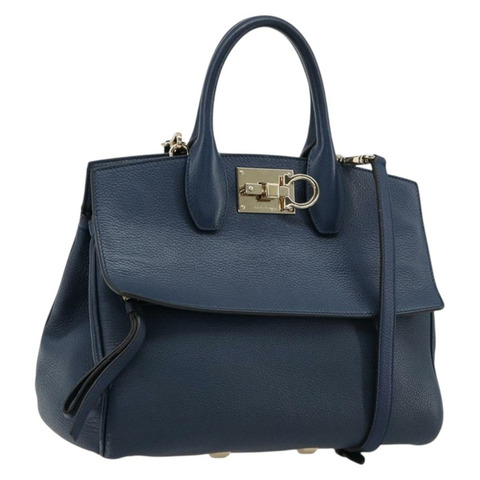 Salvatore Ferragamo Studio 手提包 皮革 2way 藍色金色 Auth 181716A