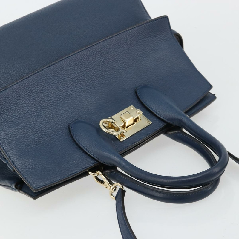 【日本直送】Salvatore Ferragamo Studio 手提包 皮革 2way 藍色 金色 Auth 181716A-5