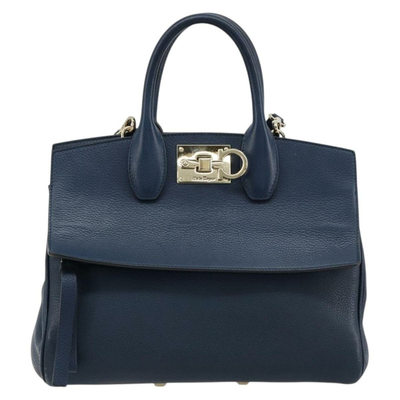 【日本直送】Salvatore Ferragamo Studio 手提包 皮革 2way 藍色 金色 Auth 181716A-12