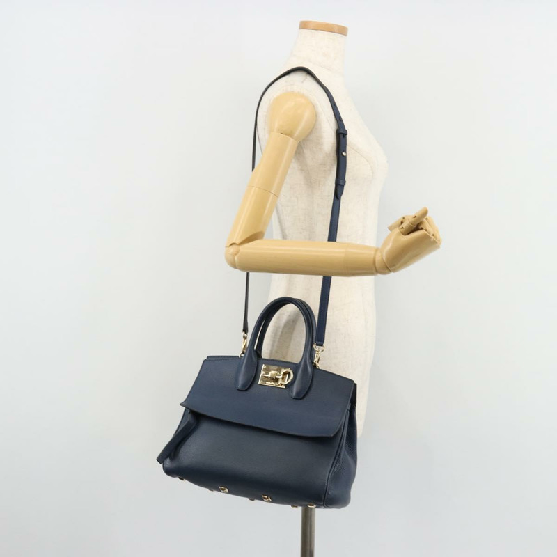 【日本直送】Salvatore Ferragamo Studio 手提包 皮革 2way 藍色 金色 Auth 181716A-25
