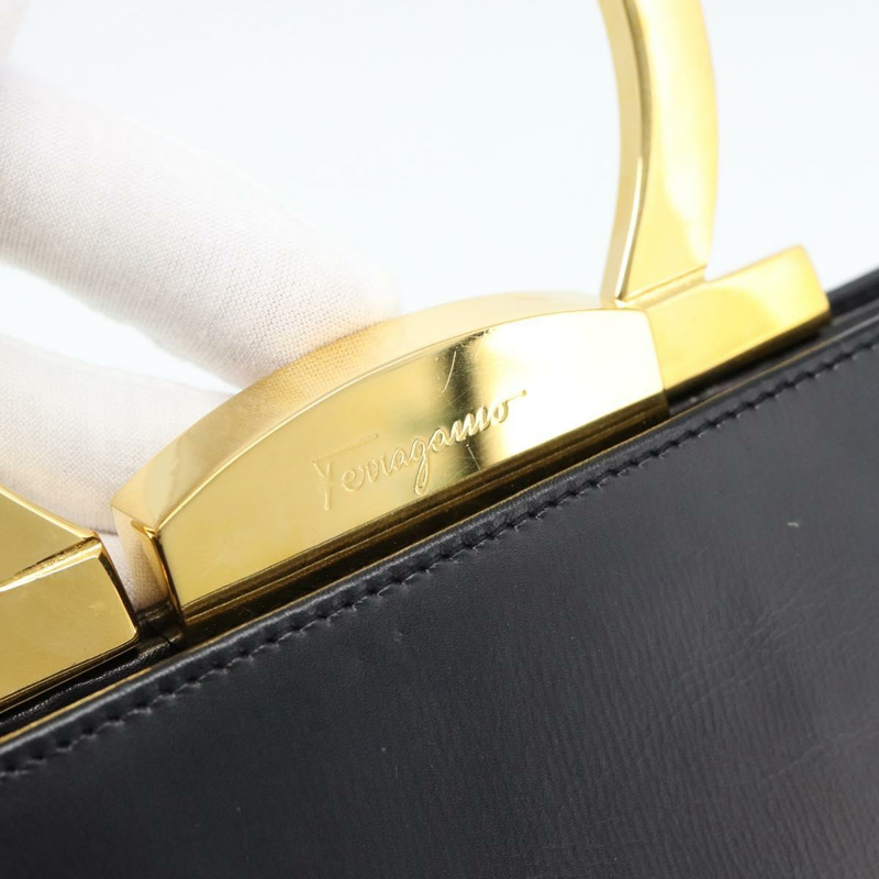 【日本直送】Salvatore Ferragamo Gancini 手提包 皮革 2way 黑色 金色 Auth 182803A-16