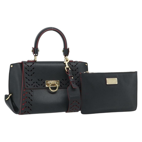 Salvatore Ferragamo Gancini 手提包 皮革 2way 黑色 金色 Auth 182777V