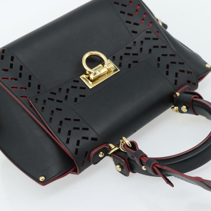 【日本直送】Salvatore Ferragamo Gancini 手提包 皮革 2way 黑色 金色 Auth 182777V-5