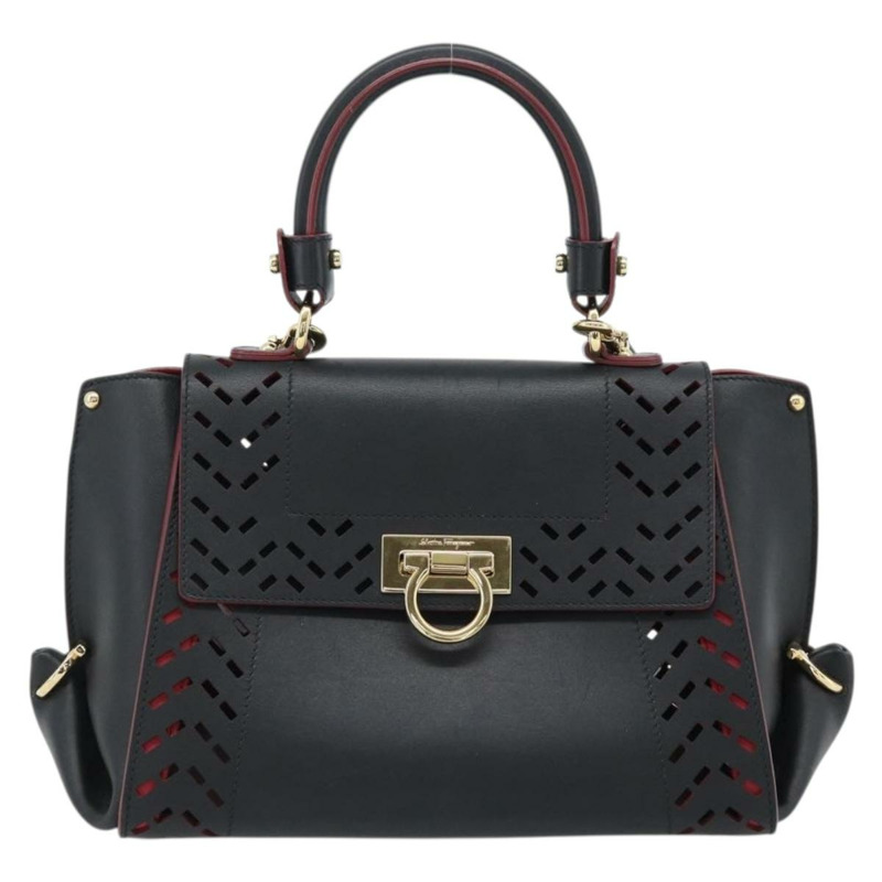 【日本直送】Salvatore Ferragamo Gancini 手提包 皮革 2way 黑色 金色 Auth 182777V-12