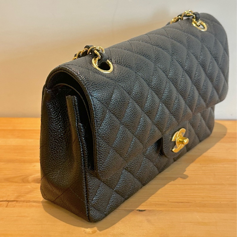 全新Chanel Classic Flap CF 經典菱格金扣鏈條肩帶 皮穿鏈 顆粒牛皮材質金色五金 口蓋包斜挎包單肩包 中號 medium黑色black-1