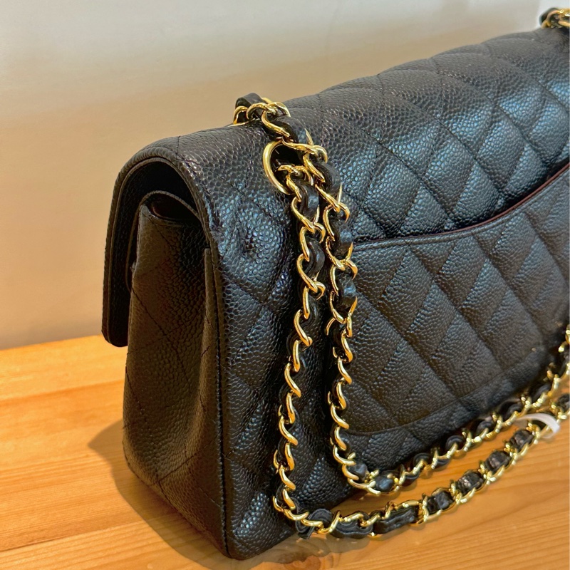 全新Chanel Classic Flap CF 經典菱格金扣鏈條肩帶 皮穿鏈 顆粒牛皮材質金色五金 口蓋包斜挎包單肩包 中號 medium黑色black-3