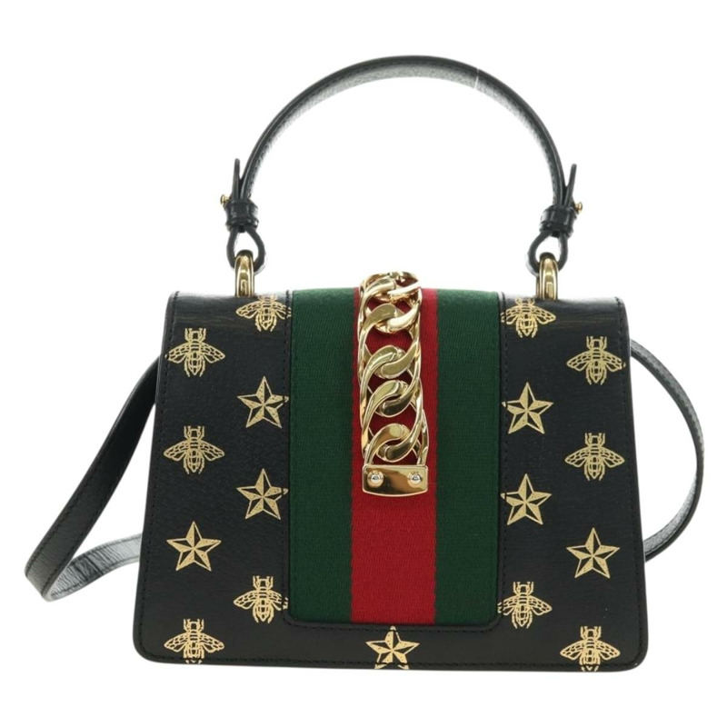 【日本直送】GUCCI 蜜蜂與星星雪莉系列手提包,皮革材質,三用,黑色/金色,貨號 470270,正品編號 181527SAV-1