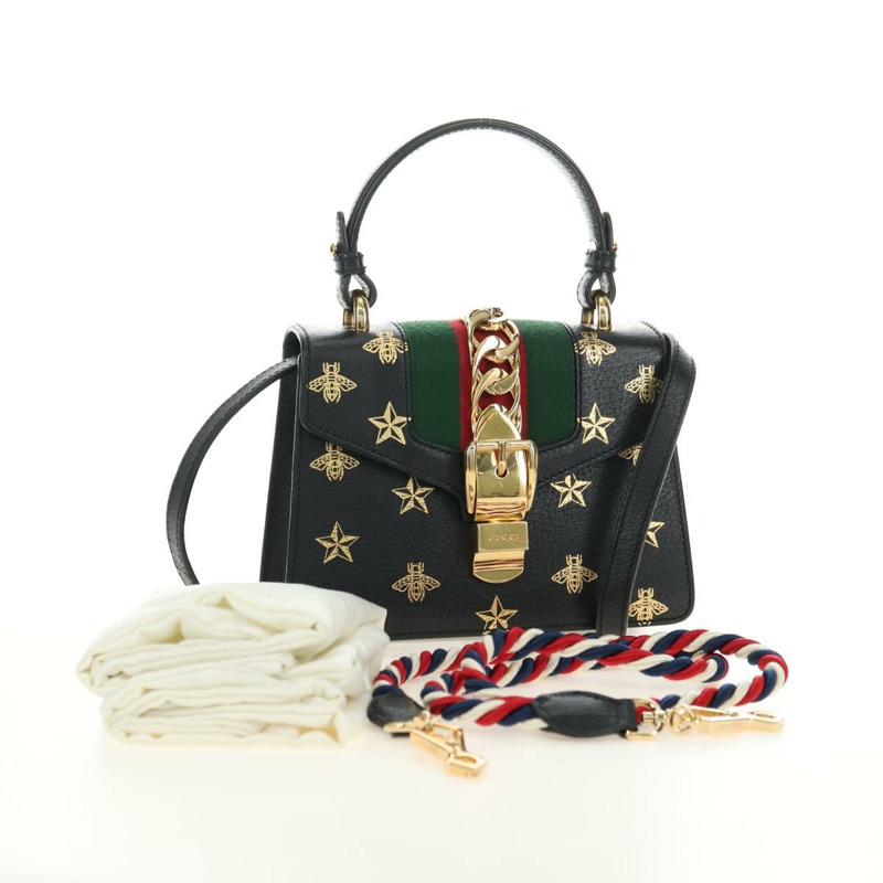 【日本直送】GUCCI 蜜蜂與星星雪莉系列手提包,皮革材質,三用,黑色/金色,貨號 470270,正品編號 181527SAV-11