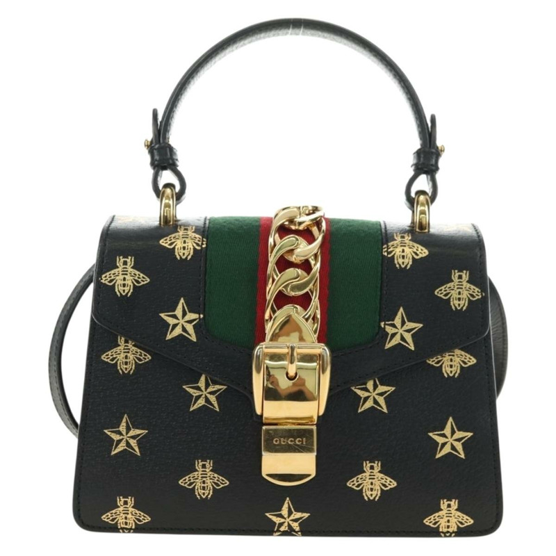 【日本直送】GUCCI 蜜蜂與星星雪莉系列手提包,皮革材質,三用,黑色/金色,貨號 470270,正品編號 181527SAV-12