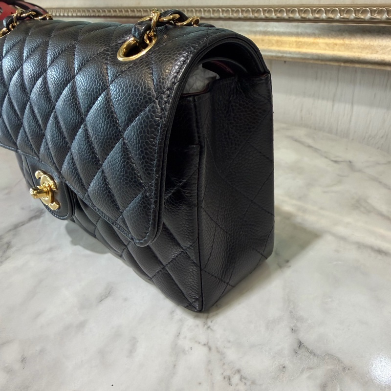Chanel 黑荔枝牛皮菱格紋Coco23金釦雙蓋肩斜背包A01113-1