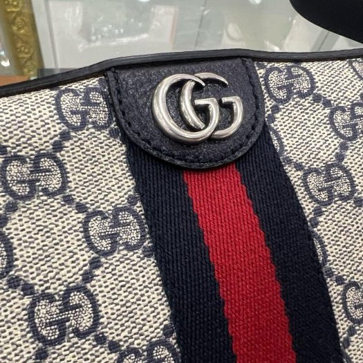 東區正精品㊣GUCCI 681064 PVC 深藍色皮革藍紅藍皮革背帶斜背包相機包 RZ6474-2