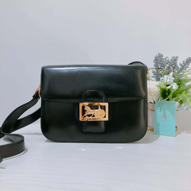 TK2073 賽琳 中古 Celine Vintage Flap Bag 24cm Black X GHW-0