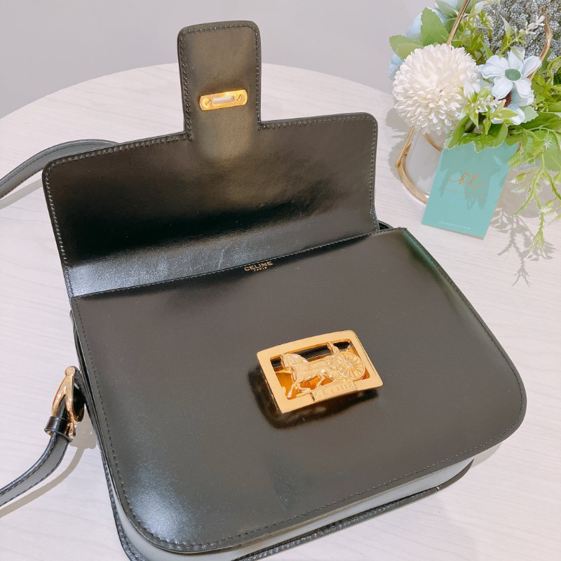 TK2073 賽琳 中古 Celine Vintage Flap Bag 24cm Black X GHW-21