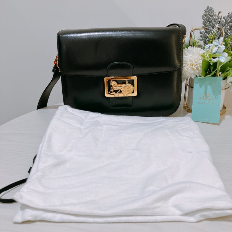 TK2073 賽琳 中古 Celine Vintage Flap Bag 24cm Black X GHW-25