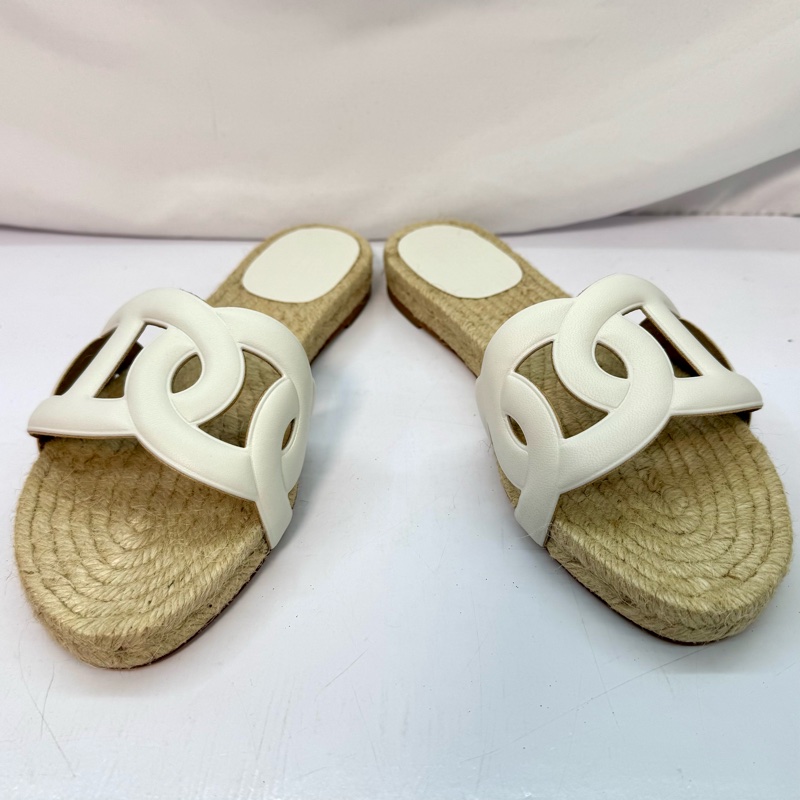 Hermès 經典 Famosa H LOGO 麂皮草編楔型拖鞋 / 羅馬鞋 (白色 #36號)-1