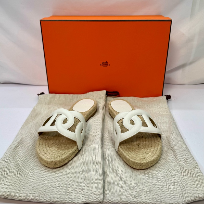 Hermès 經典 Famosa H LOGO 麂皮草編楔型拖鞋 / 羅馬鞋 (白色 #36號)-2