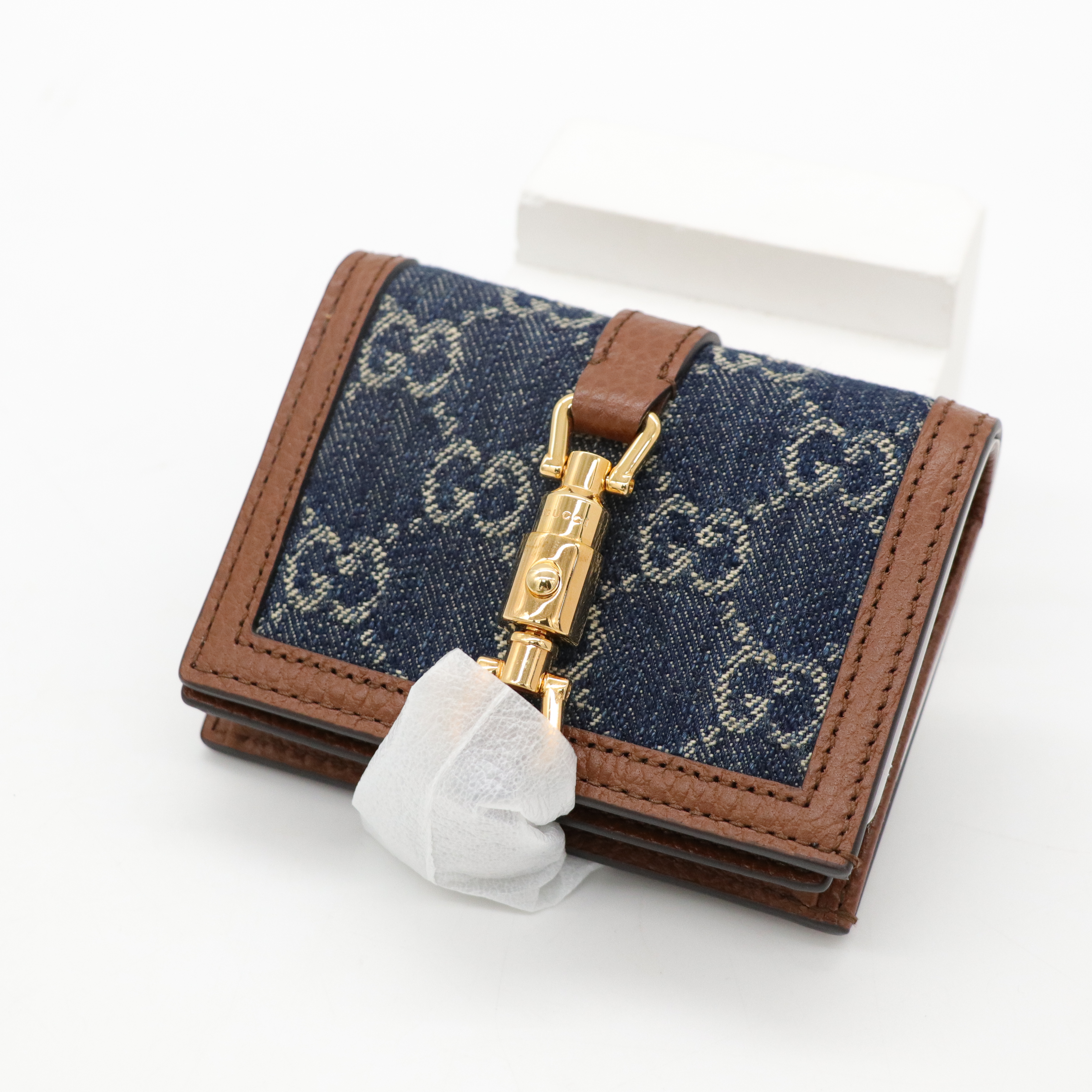 Gucci 古馳 GG 金屬搭扣 藍色 牛仔布 兩折 短夾-1