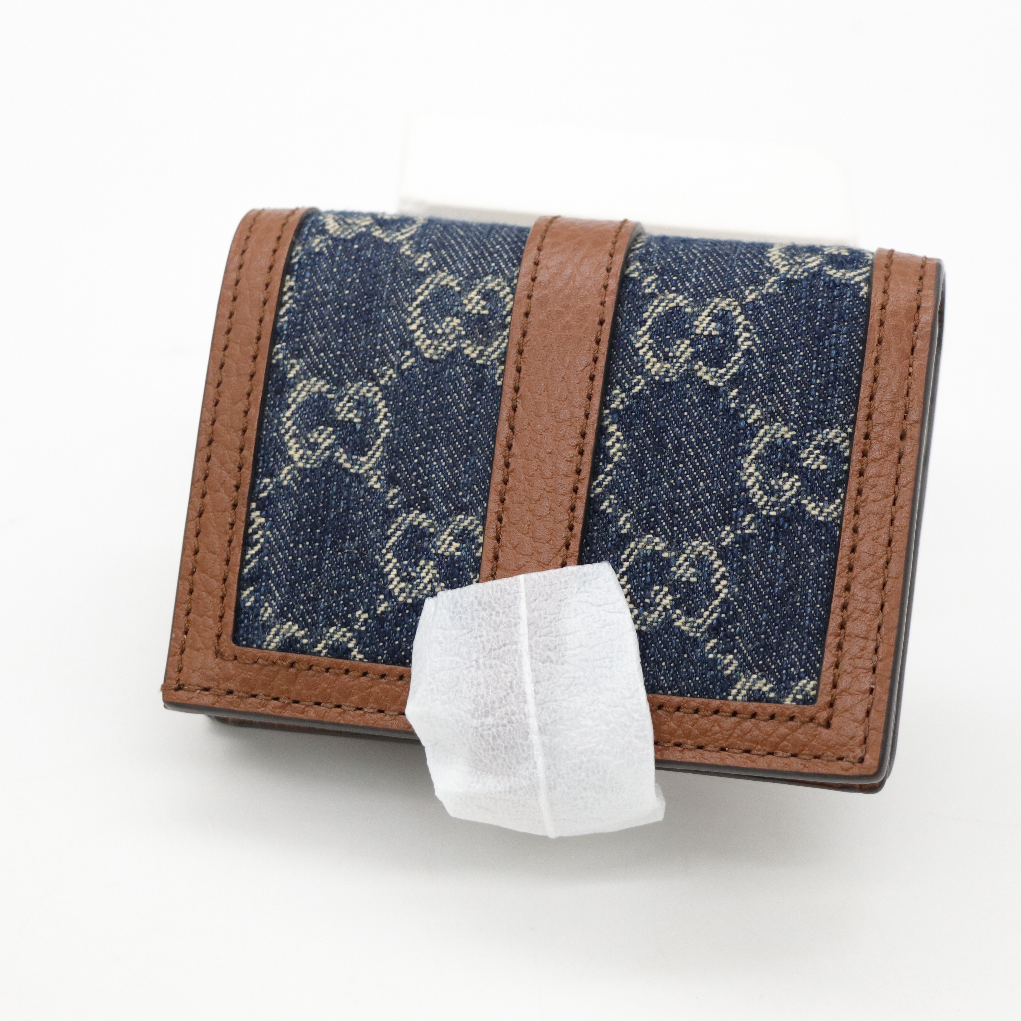 Gucci 古馳 GG 金屬搭扣 藍色 牛仔布 兩折 短夾-2
