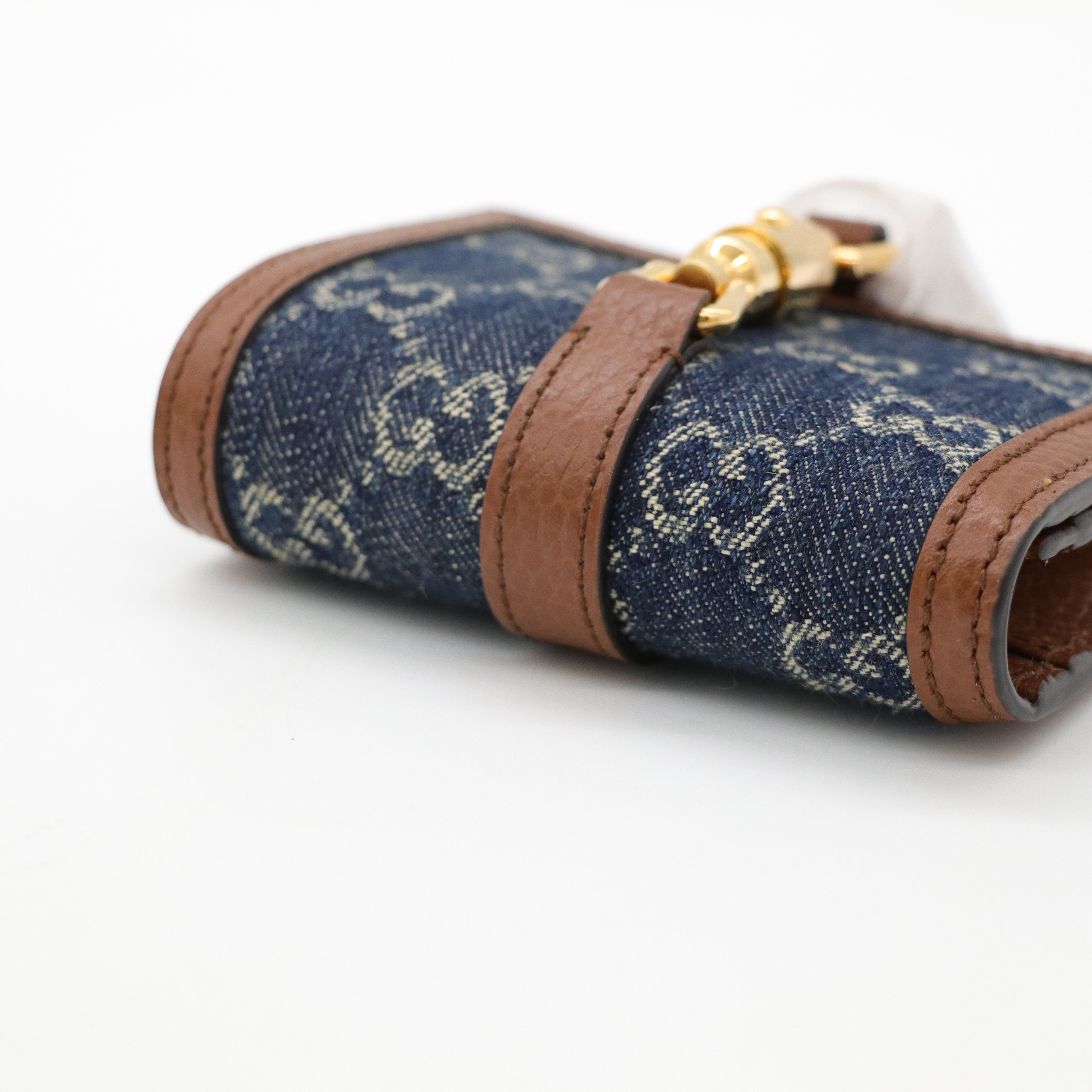 Gucci 古馳 GG 金屬搭扣 藍色 牛仔布 兩折 短夾-5