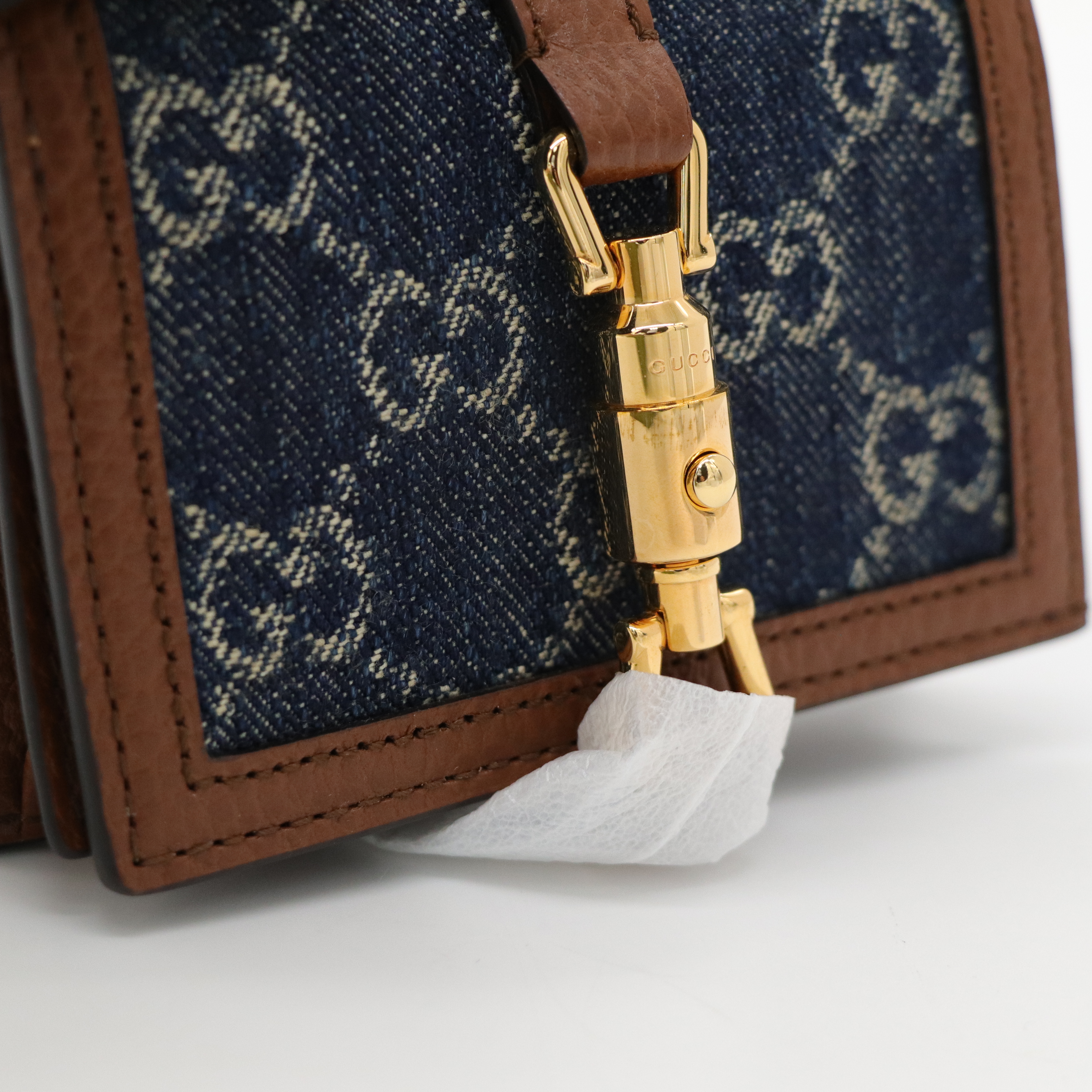 Gucci 古馳 GG 金屬搭扣 藍色 牛仔布 兩折 短夾-7