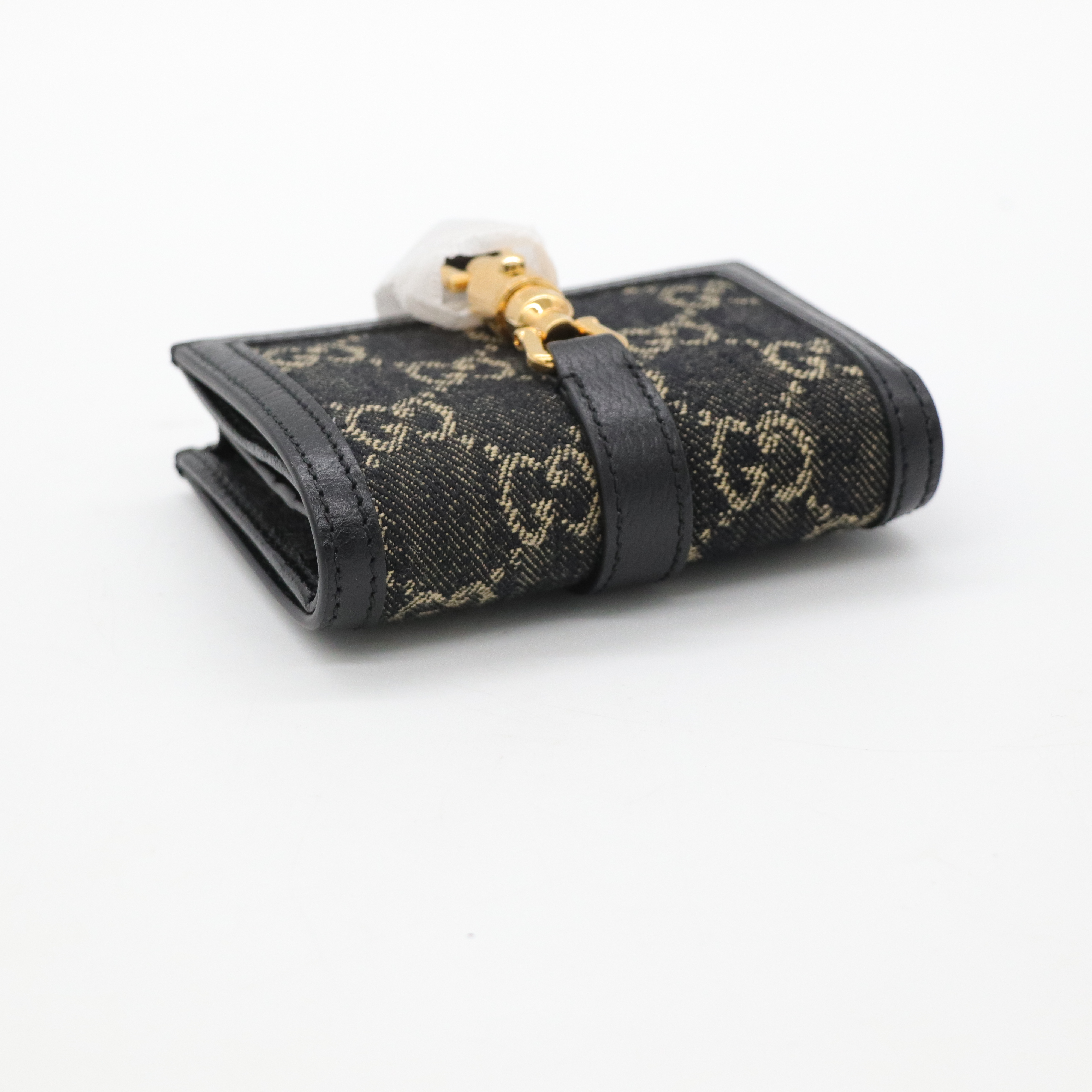 Gucci 古馳 GG 金屬搭扣 黑色 牛仔布 兩折 短夾-4