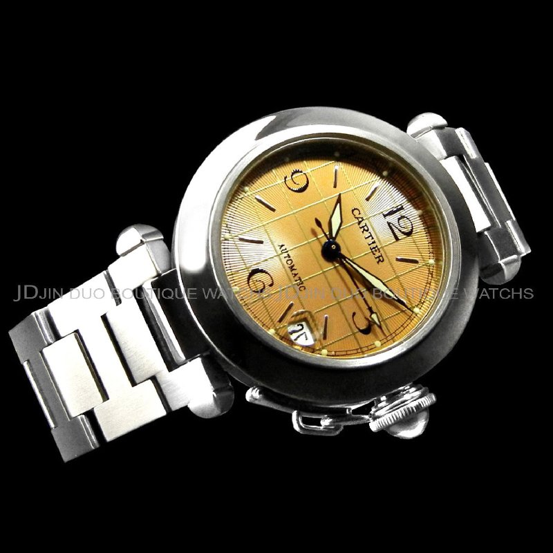 金鐸精品~W907 CARTIER 卡地亞 PASHA 棕色格紋面中型款 自動上鍊女用腕錶-1