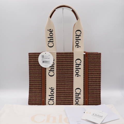 Chloé 蔻伊 Woody tote 中號 千鳥紋/棕色 拼接 托特包