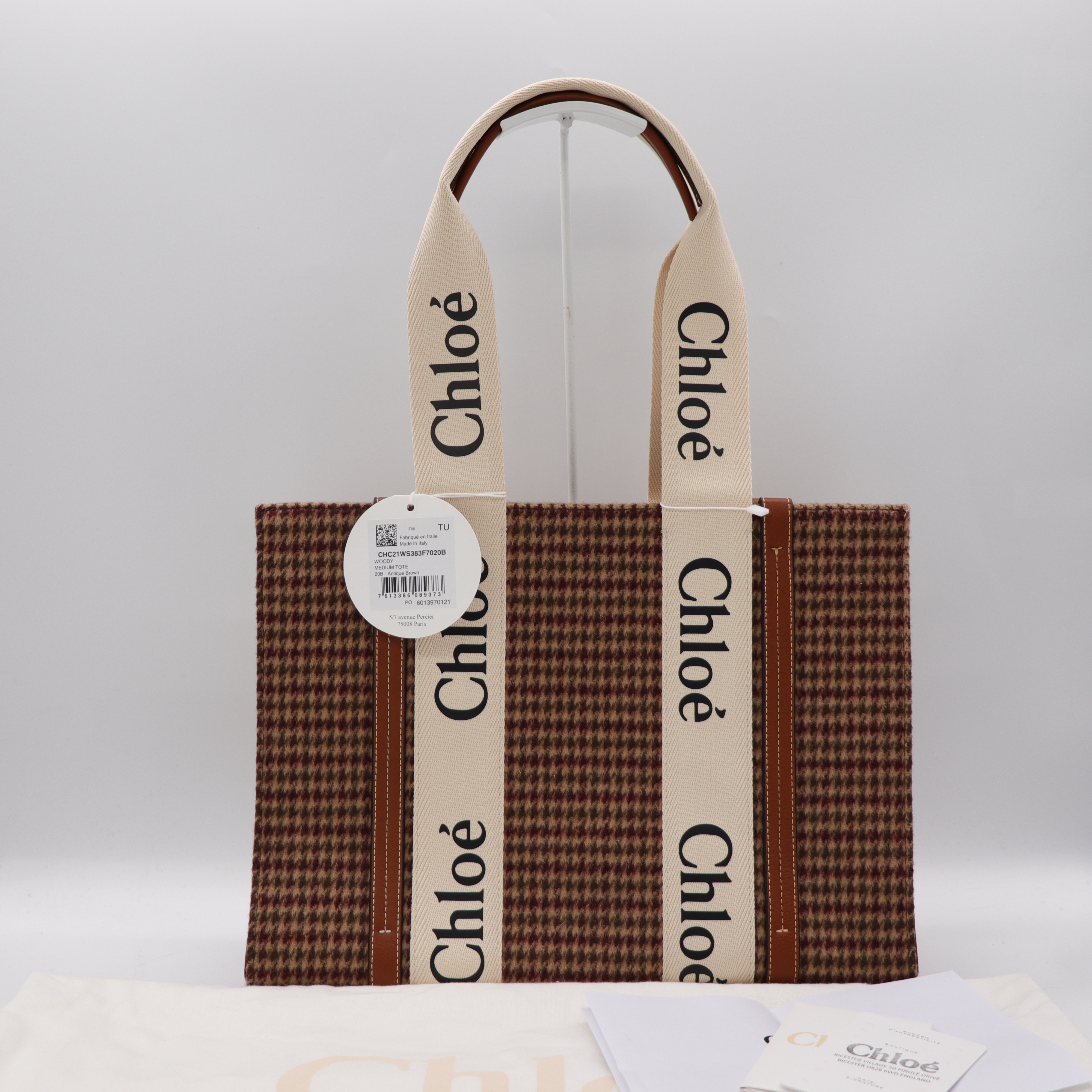 Chloé 蔻伊 Woody tote 中號 千鳥紋/棕色 拼接 托特包-1