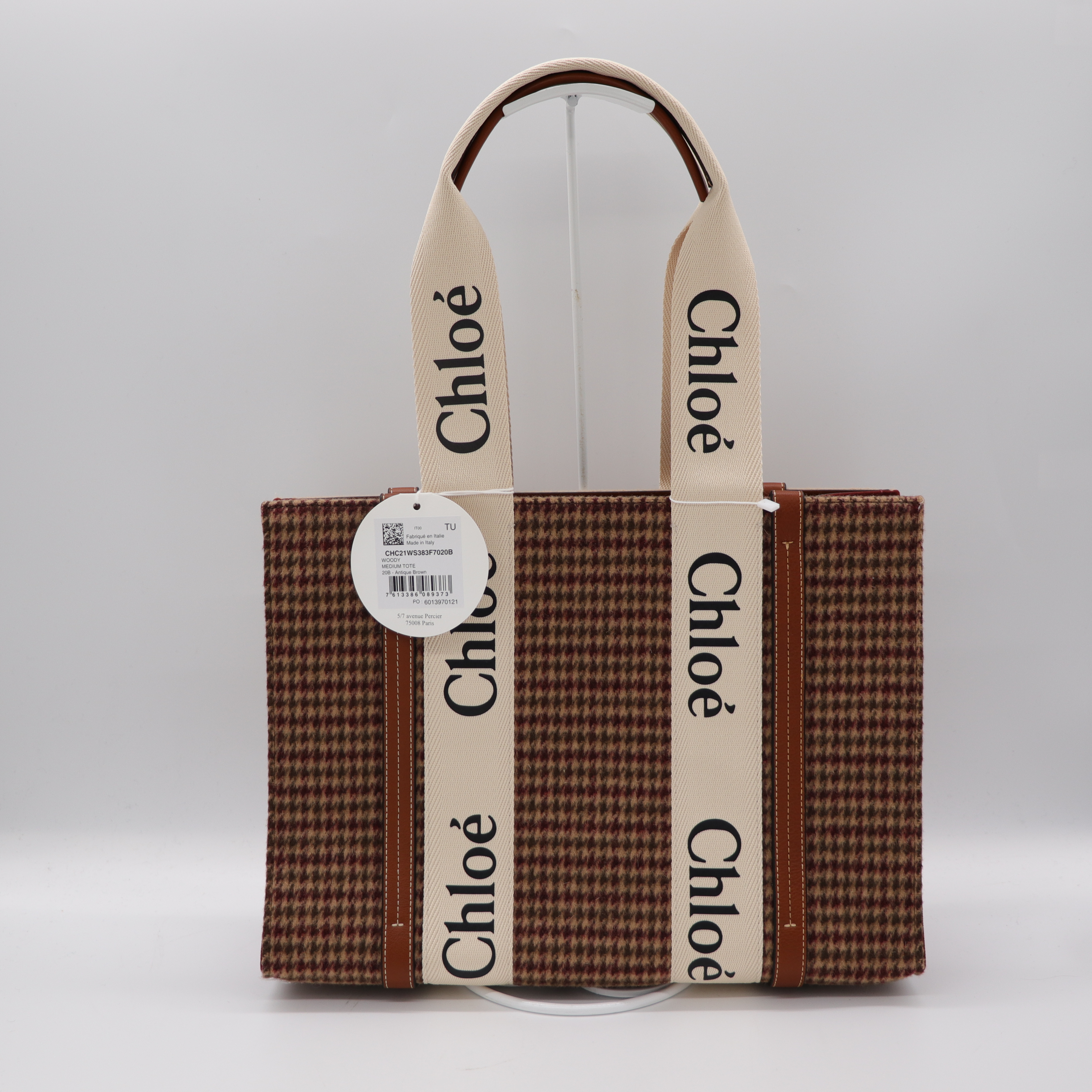 Chloé 蔻伊 Woody tote 中號 千鳥紋/棕色 拼接 托特包-2