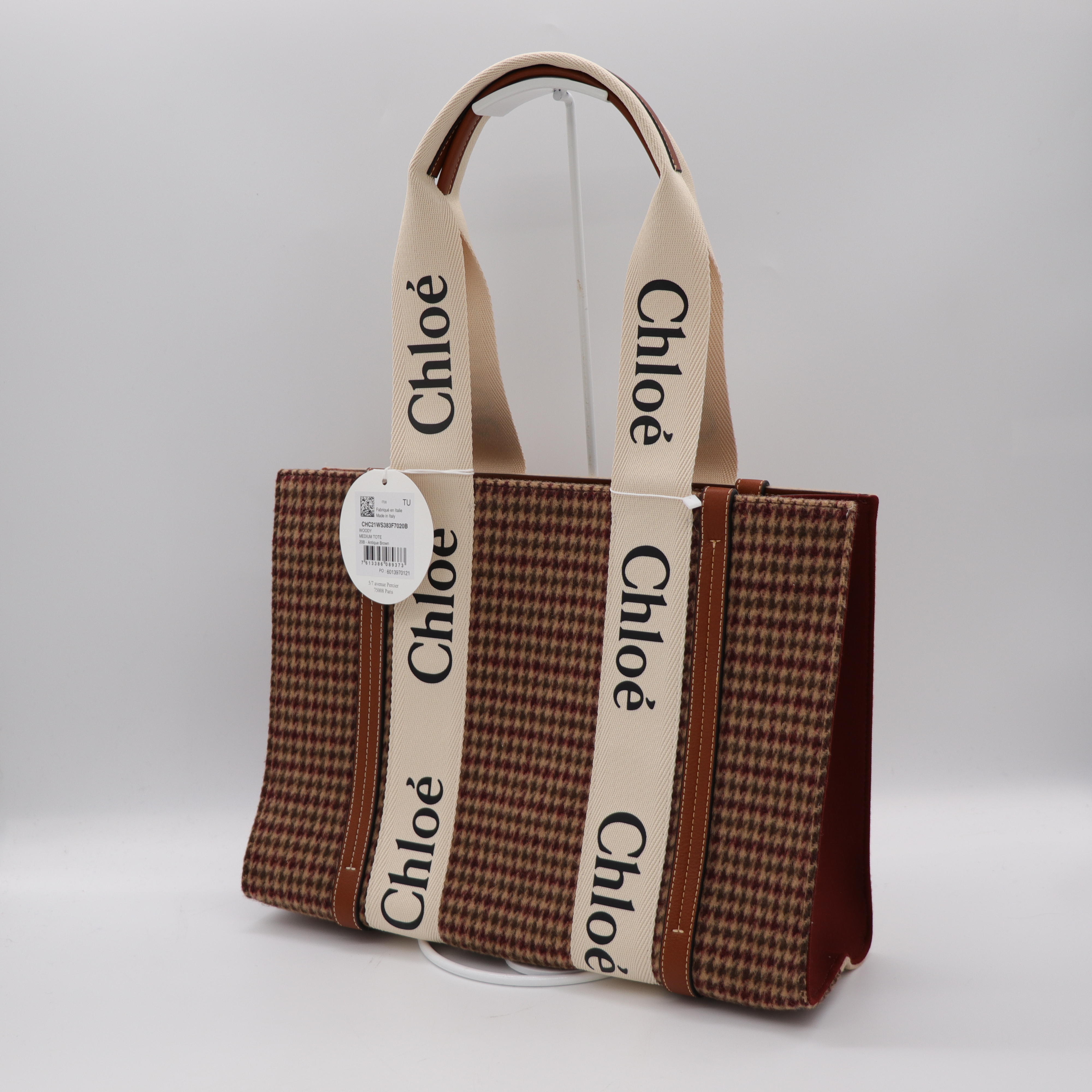 Chloé 蔻伊 Woody tote 中號 千鳥紋/棕色 拼接 托特包-3