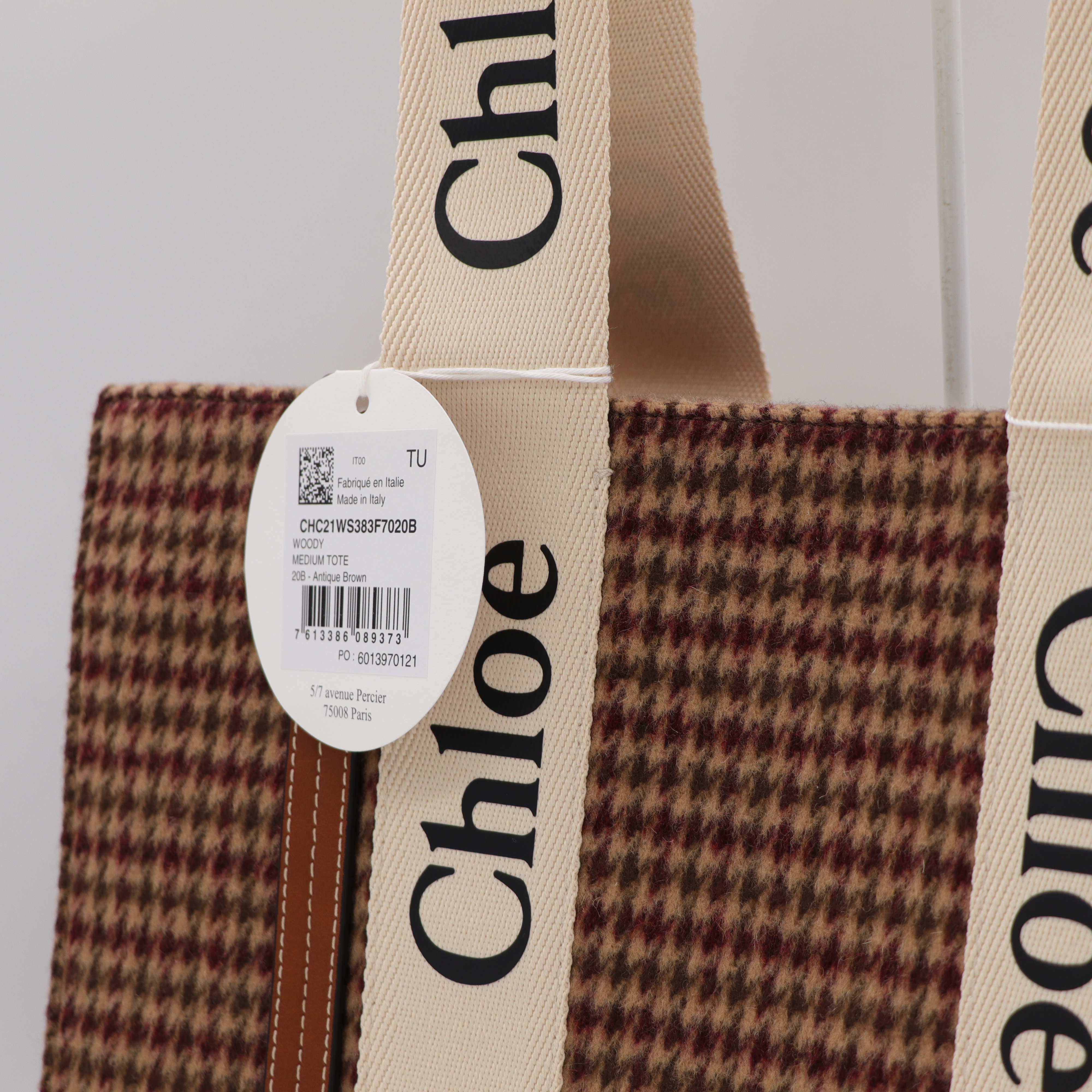 Chloé 蔻伊 Woody tote 中號 千鳥紋/棕色 拼接 托特包-5
