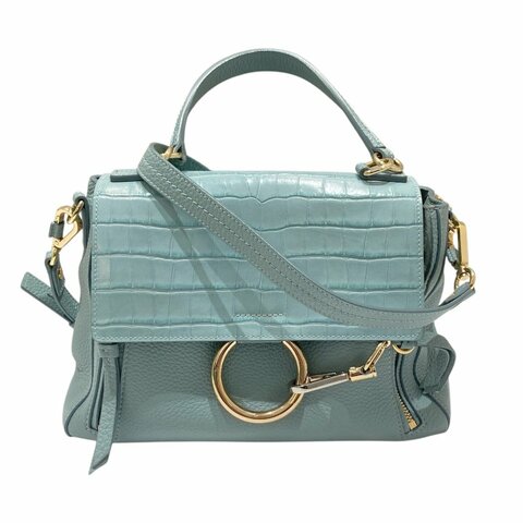 CHLOÉ 克羅伊 FAYE DAY 鱷魚壓紋手挽肩背兩用袋 皮革 藍綠色 金釦