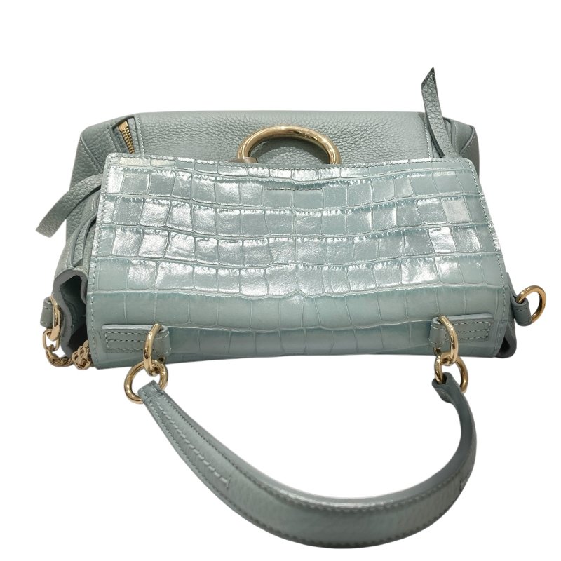 CHLOÉ 克羅伊 FAYE DAY 鱷魚壓紋手挽肩背兩用袋 皮革 藍綠色 金釦-6