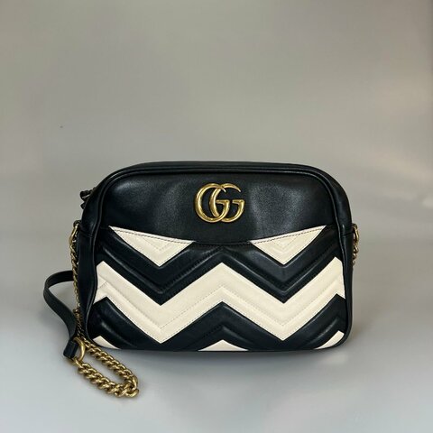 GUCCI 443499 黑拚白Marmont側肩包