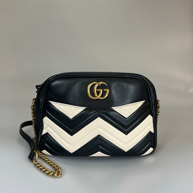 GUCCI 443499 黑拚白Marmont側肩包-0